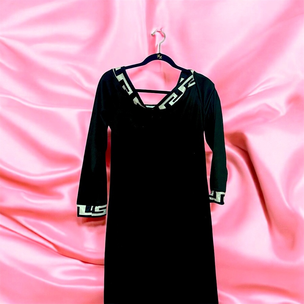 Black knee length dress with Greek key trim